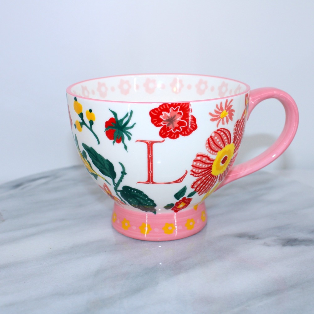 Hobby Lobby Floral Monogram Letter L Footed Ceramic Coffee Mug Tea Cup Pink Red